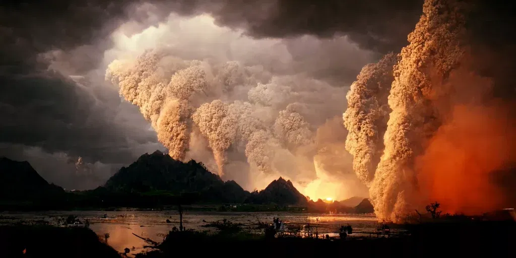 A volcanic eruption releasing smoke.