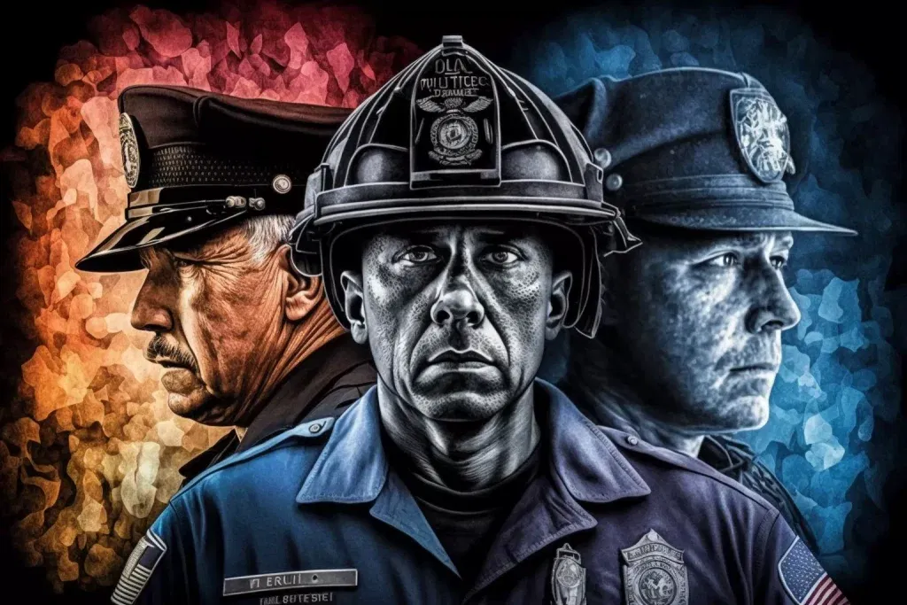Heroes for Hope: Heroes vs our new A.I. Overloads 1 A historical fiction painting featuring a police officer and firefighter by Mark R. Clifford.