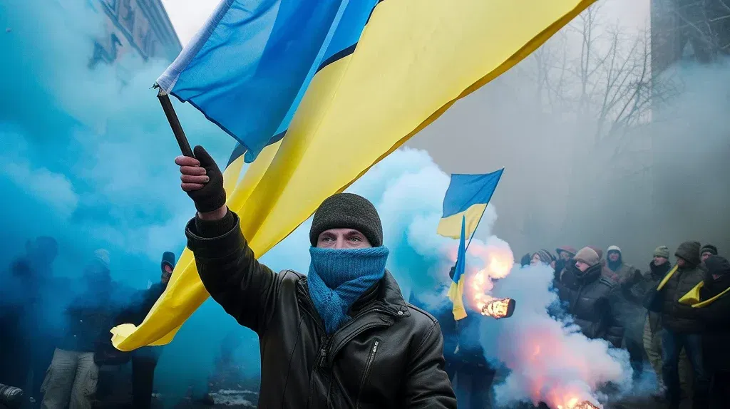 A historical fiction novel featuring a man holding a blue and yellow flag in front of smoke.