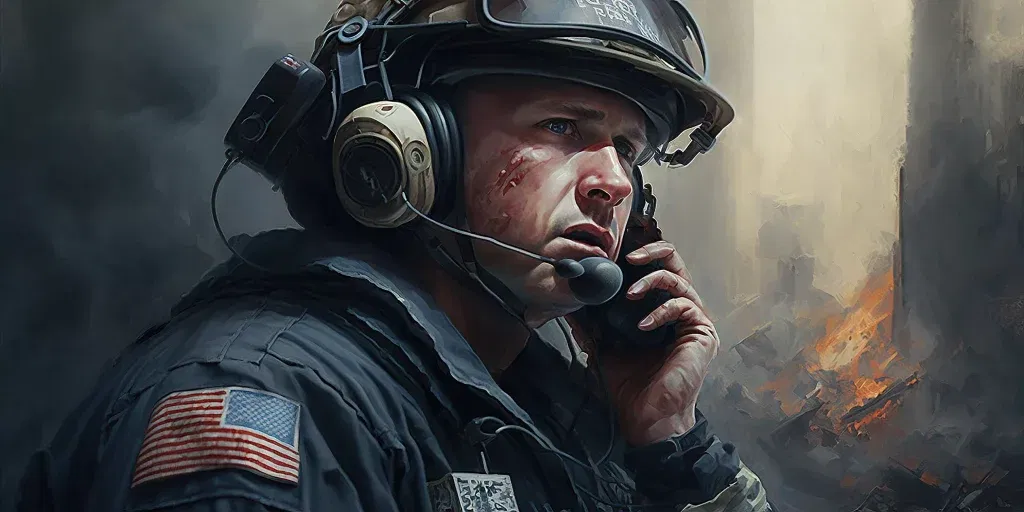 An image of a firefighter in historical fiction speaking on the phone.