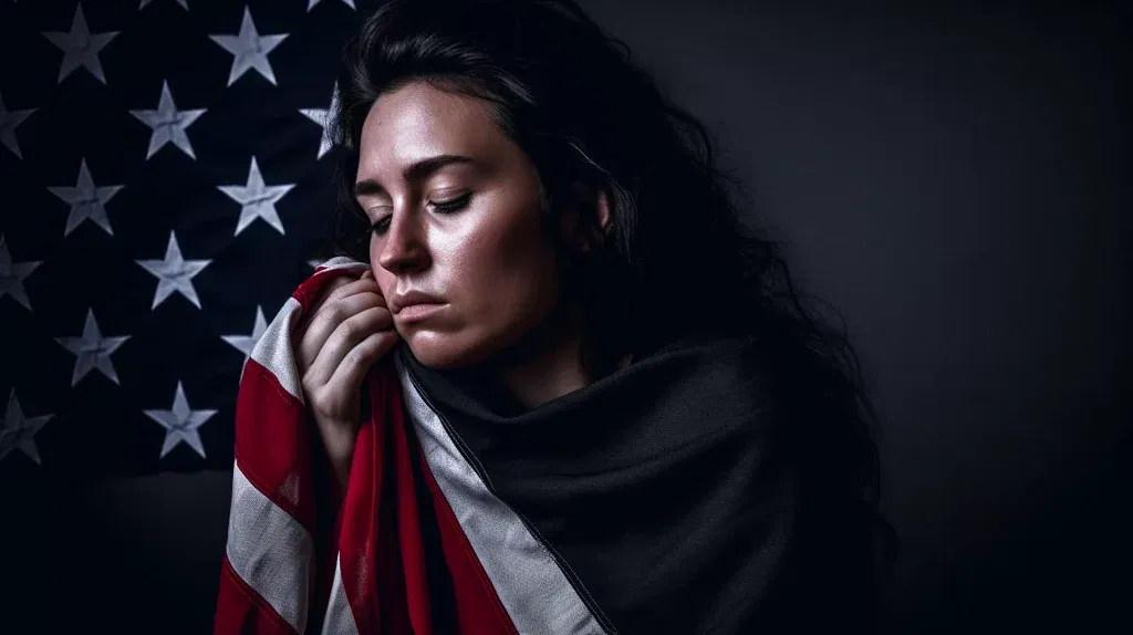 Heroes For Hope : Surviving Grief 1 A woman with an American flag wrapped around her head, potentially referencing patriotism or affiliation with the USMC.
