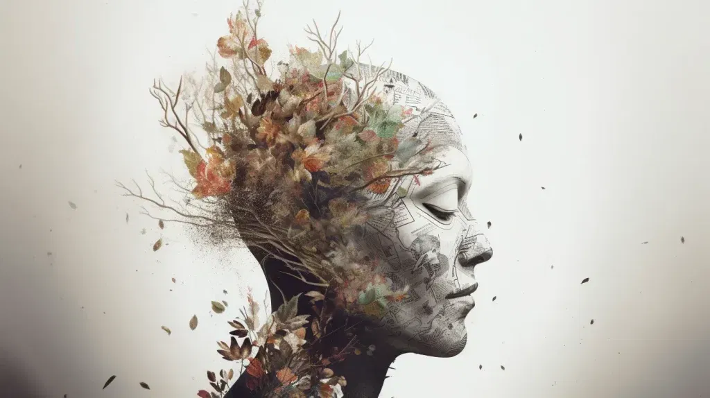 In a historical fiction set along the typhoon coast, a woman's head is adorned with leaves and branches.