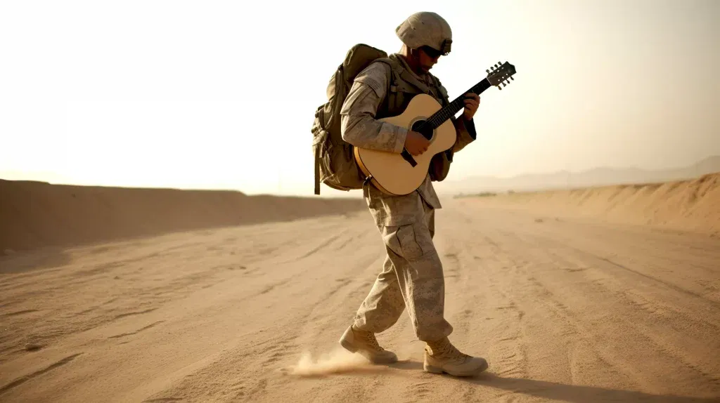 A soldier playing a guitar in the desert during a historical typhoon.