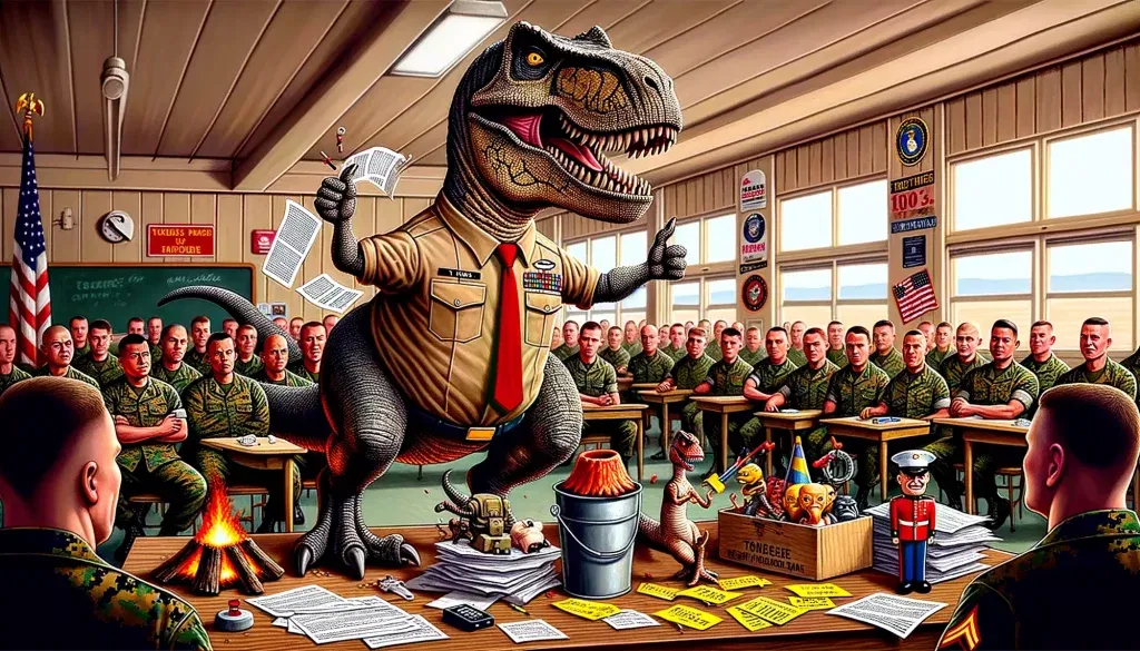 What's Really Happening: Guinea Pigs and Pop Tarts 1 A t-rex is sitting at a desk in a classroom, surrounded by Guinea Pigs.